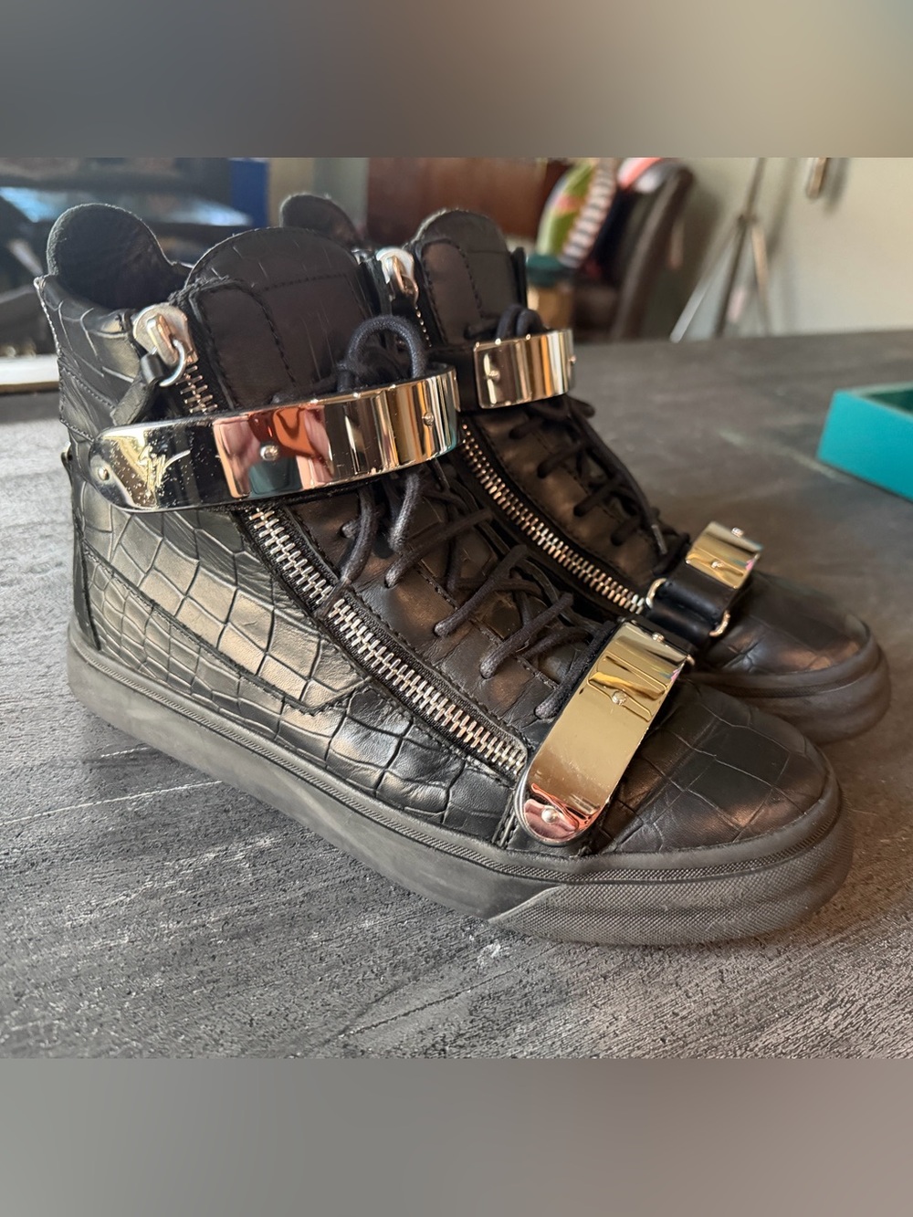 Giuseppe Zanotti Black Croc-Embossed High-Top Sneakers with Silver Hardware